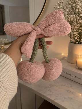Bow Cherry Throw Pillow Plush Coquette Decor Bedroom Sofa,Pink